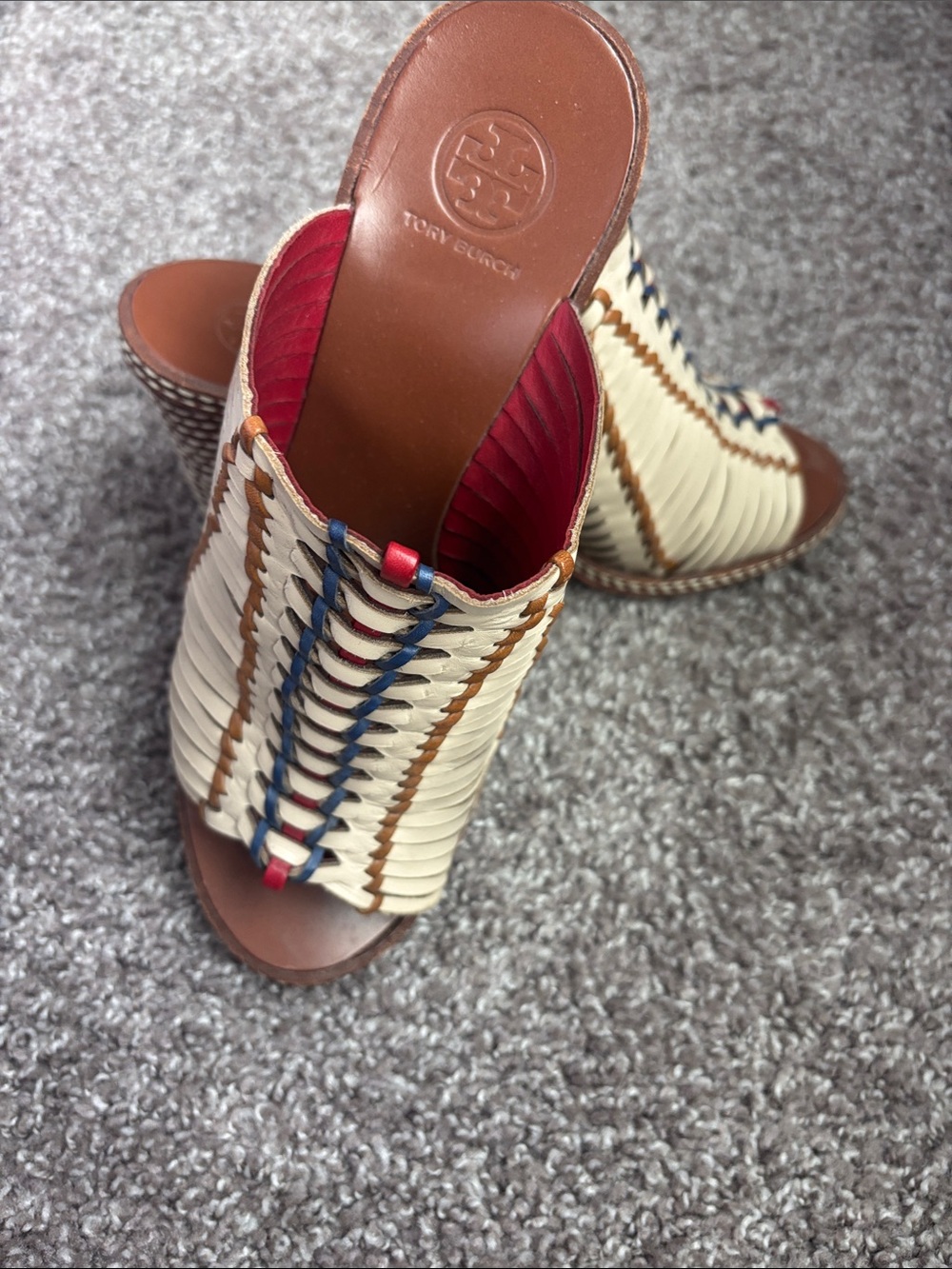 Tory Burch Cream Braided Leather Mules with Navy & Red Accents